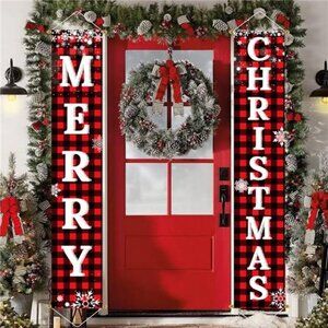 Christmas Outdoor Porch Sign Set - Red & Black Buffalo Plaid Door Banner